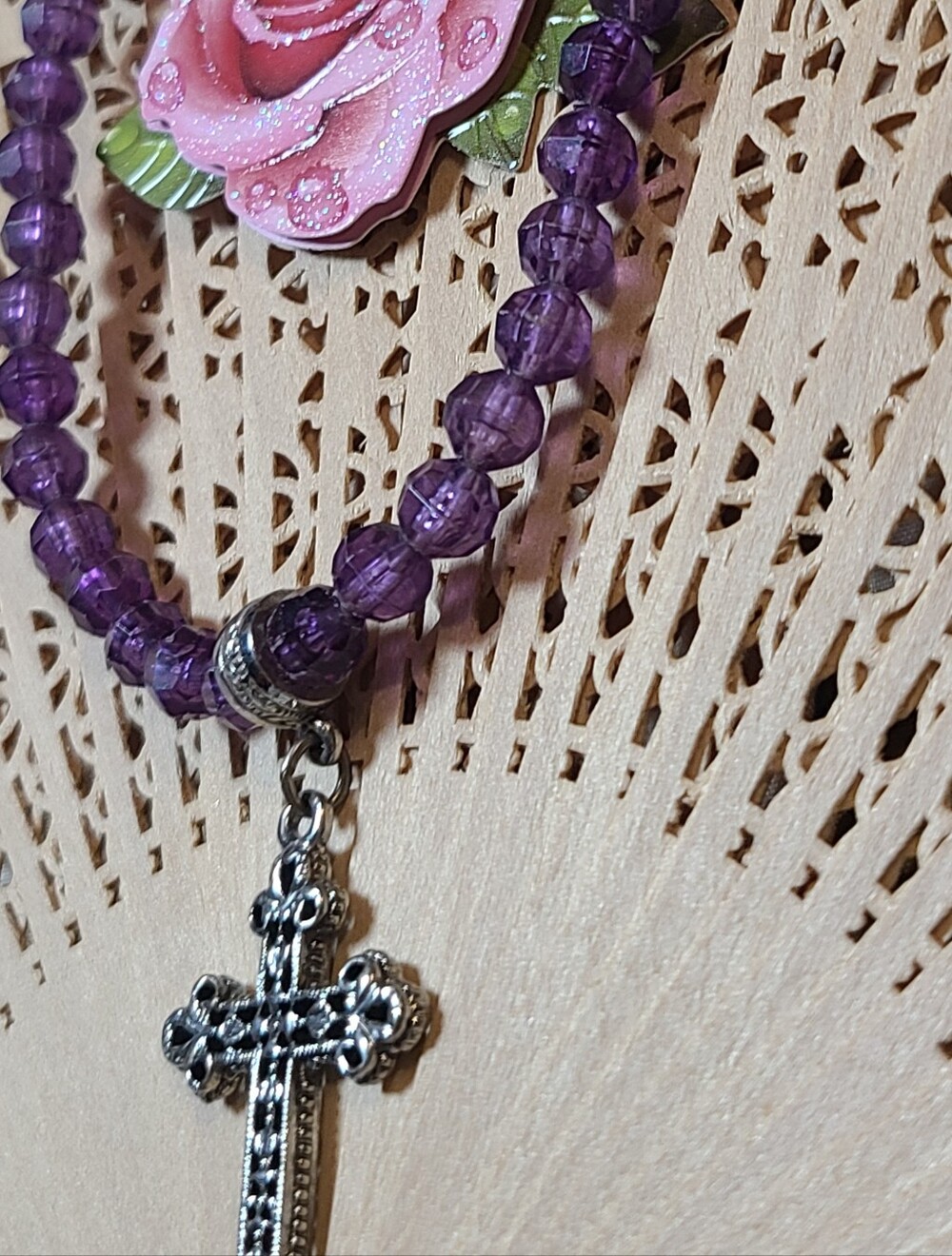 Vintage Purple Beaded Necklace with Silver Cross Pendant